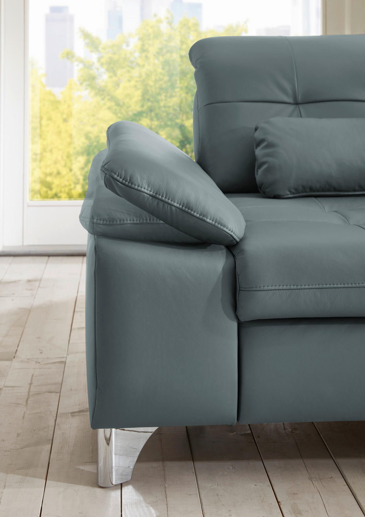 ECKSOFA in Echtleder Blaugrau  - Blaugrau/Alufarben, Design, Leder/Metall (309/211cm) - Beldomo Speed