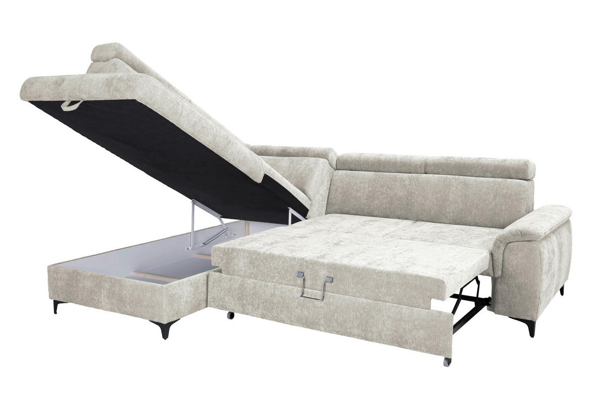 ECKSOFA Elfenbein Chenille Bettkasten, Schlaffunktion, Rücken echt, Kopfteilverstellung, Liegefläche im Originalstoff  - Elfenbein/Schwarz, KONVENTIONELL, Textil/Metall (206/265cm) - Carryhome