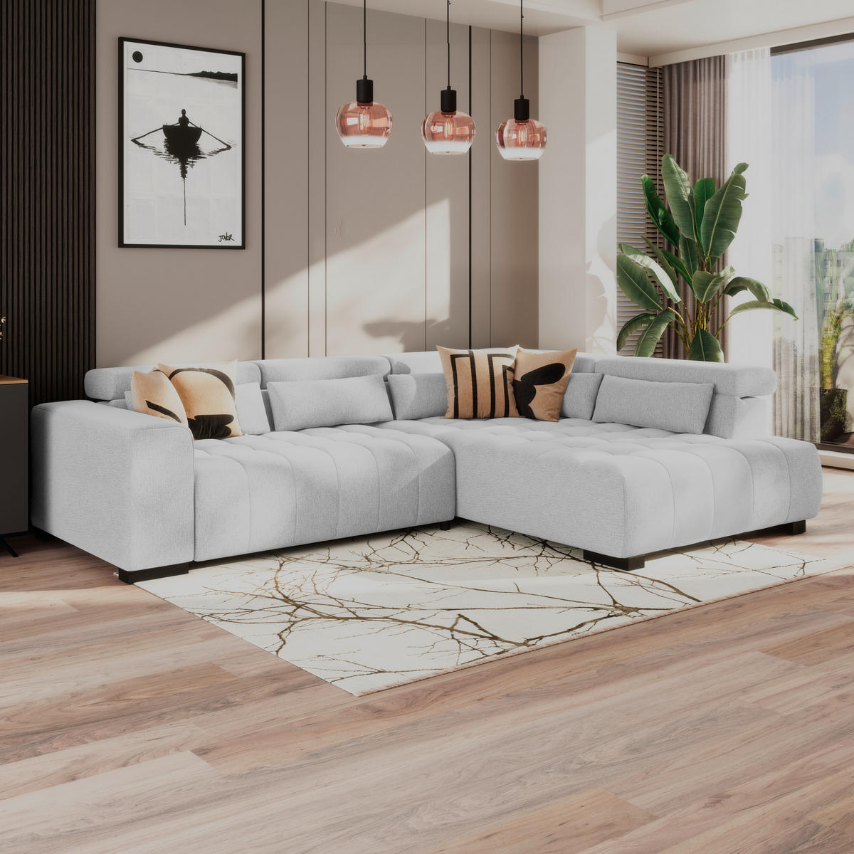 ECKSOFA MATERA Hellgrau Chenille, Struktur Nierenkissen, Kopfteilverstellung, Sitzvorzug  - Hellgrau/Schwarz, Trend, Holz/Textil (311/226cm) - MID.YOU