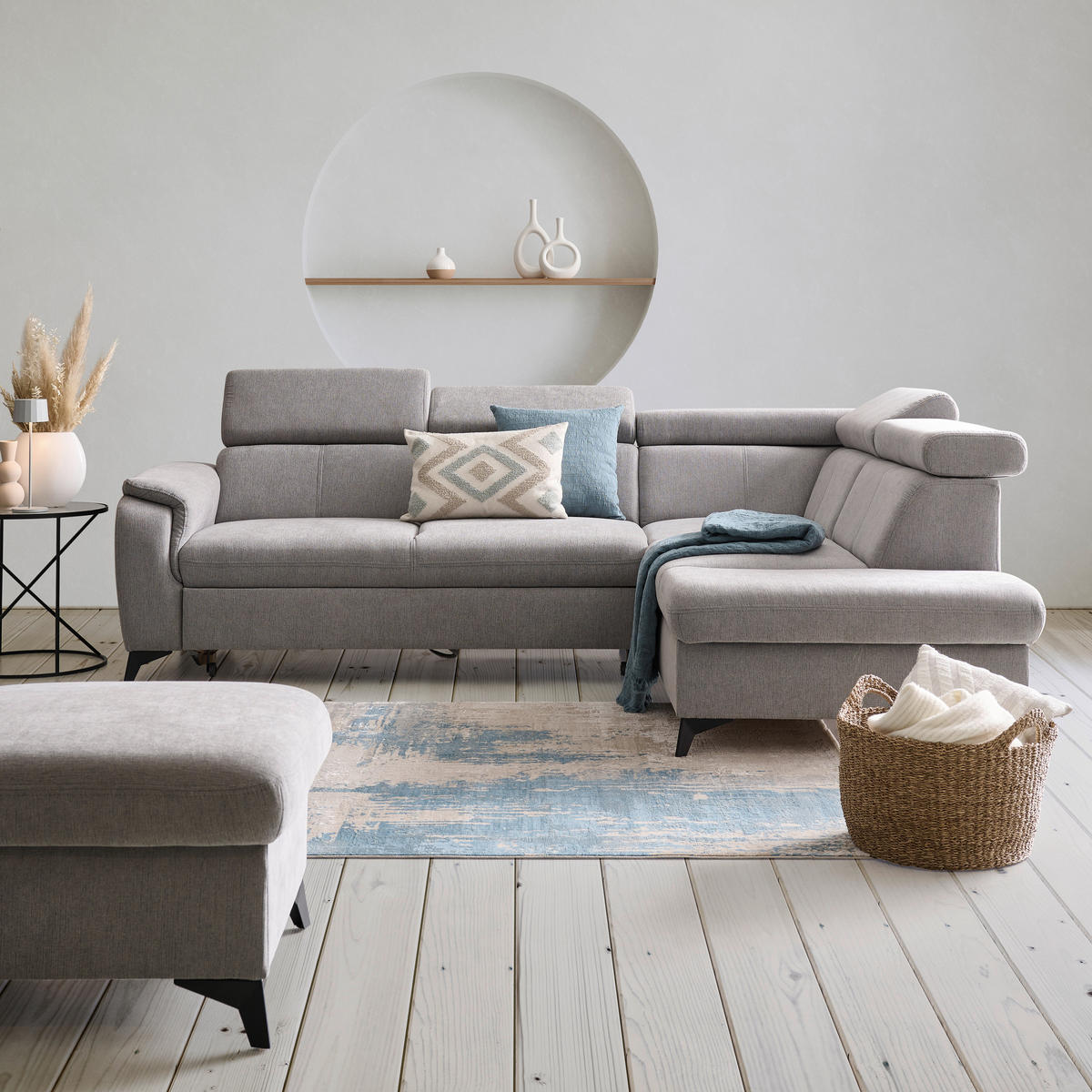 ECKSOFA in Chenille Grau  - Schwarz/Grau, Design, Textil/Metall (203/260cm) - Stylife