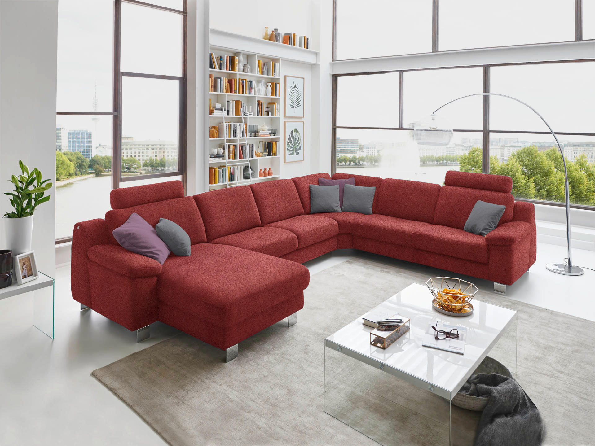 WOHNLANDSCHAFT in Mikrofaser Rot  - Chromfarben/Rot, Design, Textil/Metall (166/364/278cm) - Valdera
