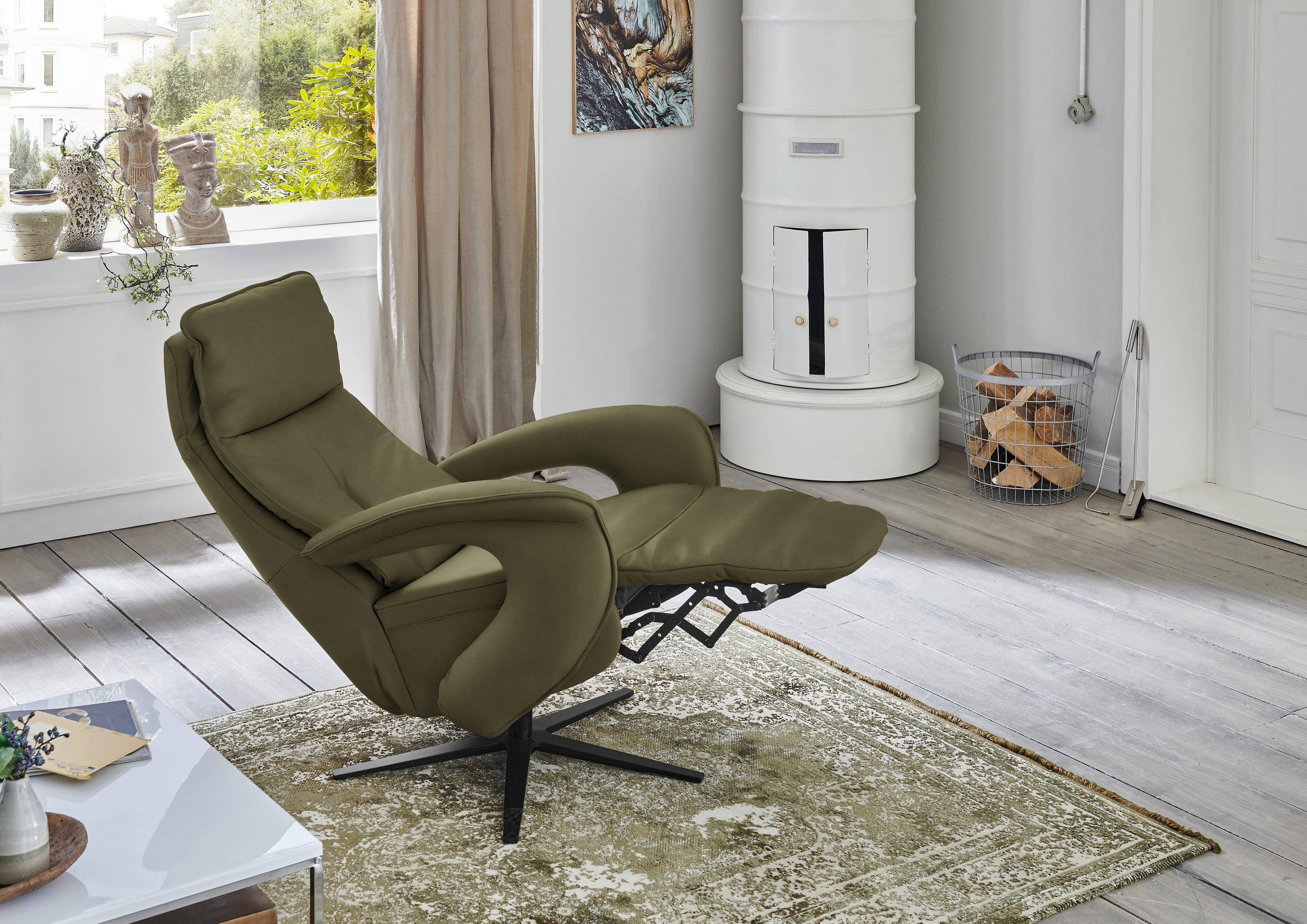 RELAXSESSEL in Leder Grün  - Schwarz/Grün, Design, Leder/Metall (77/119/87cm) - Valdera