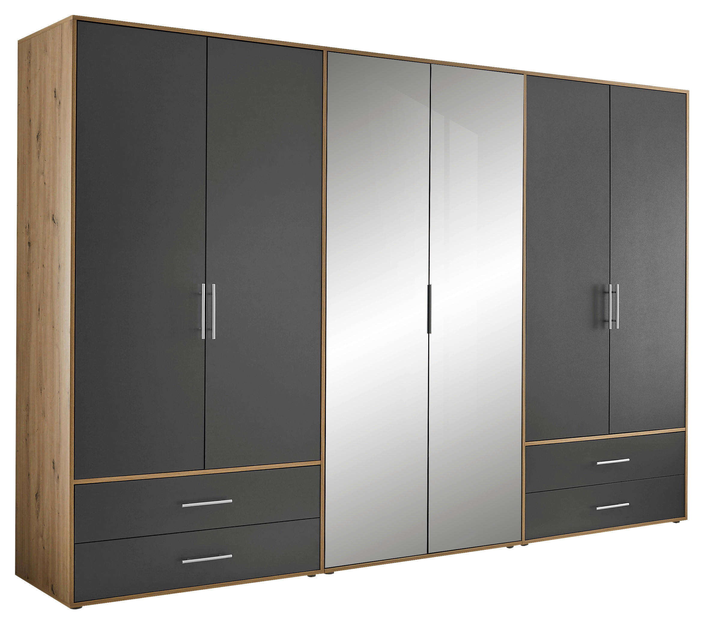 KLEIDERSCHRANK 305/207/58 cm,  in Graphitfarben, Eiche Artisan, 6-türig  - Alufarben/Graphitfarben, KONVENTIONELL, Glas/Holzwerkstoff (305/207/58cm) - Boxxx