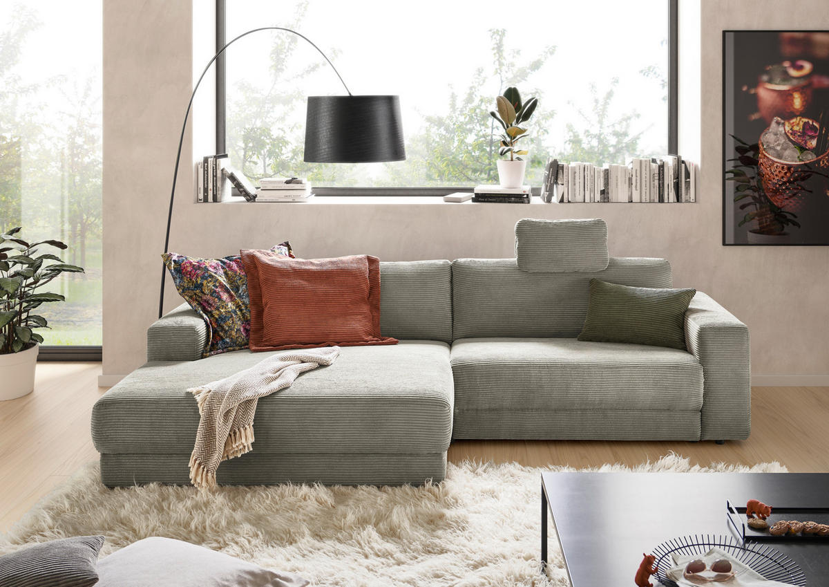 ECKSOFA inkl. Relaxfunktion in Cord Graubraun  - Graubraun/Schwarz, Design, Kunststoff/Textil (168/296cm) - Pure Home Lifestyle