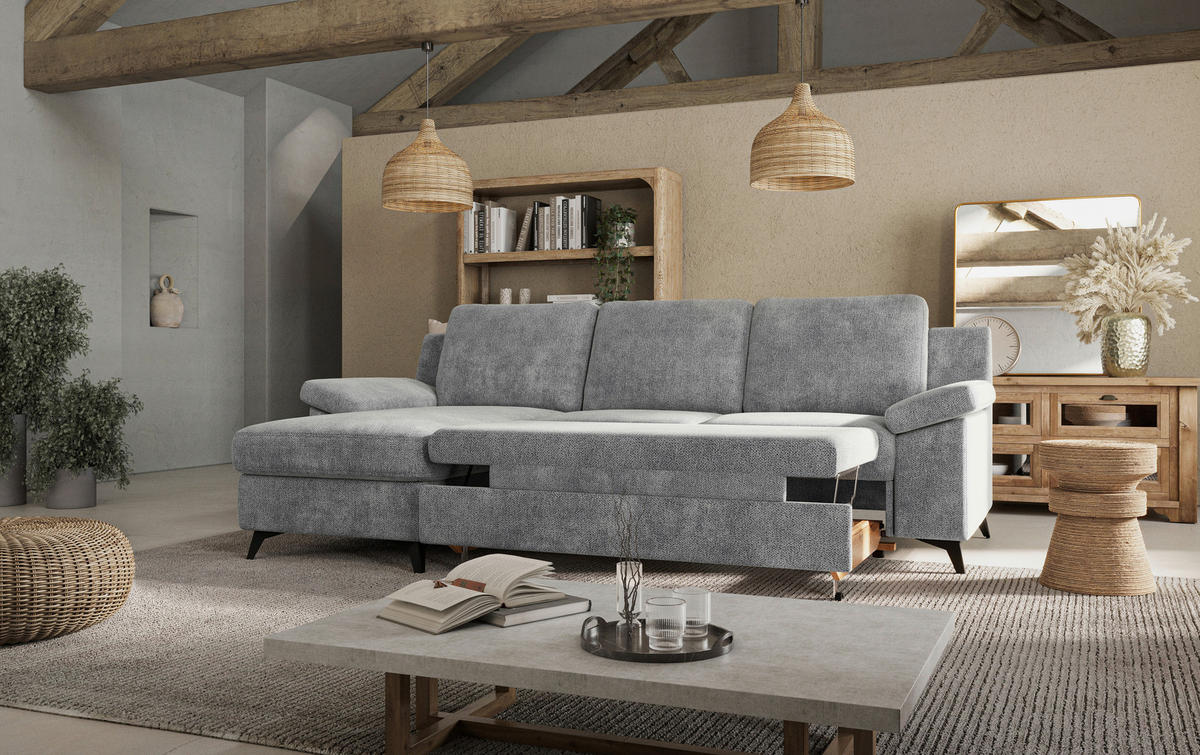 ECKSOFA in Chenille Grau  - Schwarz/Grau, Konventionell, Textil/Metall (156/245cm) - Cotta