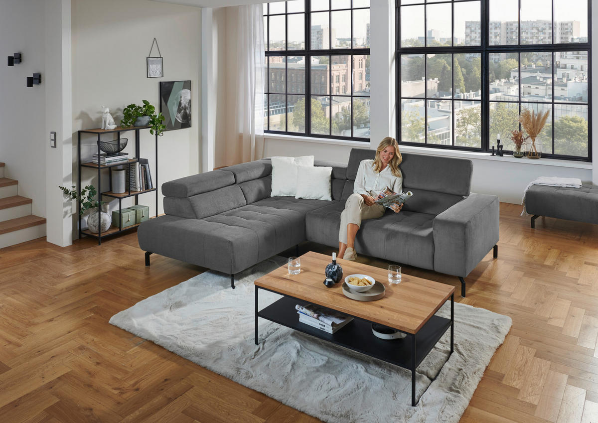 ECKSOFA Anthrazit Cord  - Anthrazit/Schwarz, Design, Textil/Metall (214/261cm) - Beldomo Style