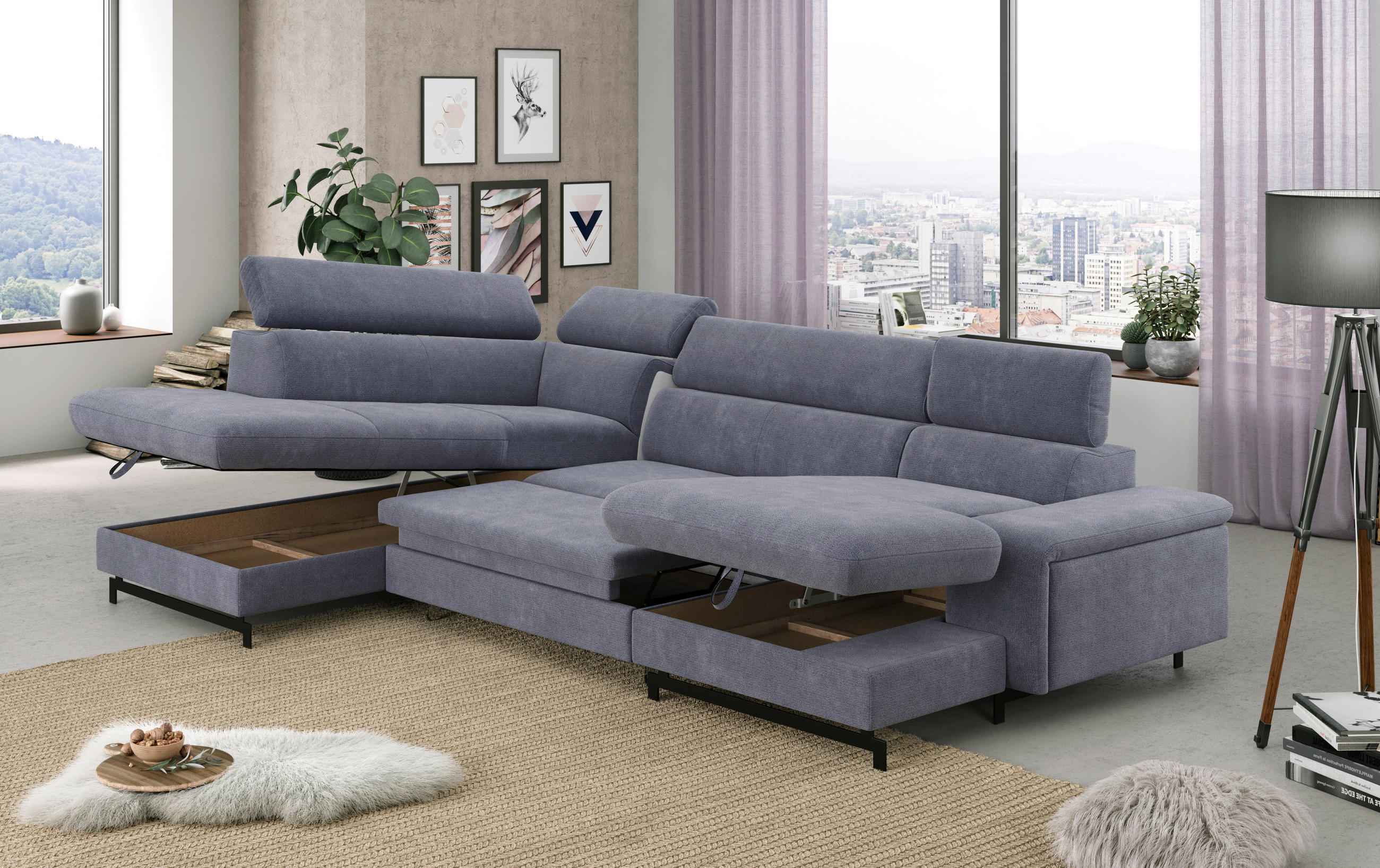 WOHNLANDSCHAFT in Chenille Blau  - Blau/Schwarz, Textil/Metall (215/328/165cm) - MID.YOU