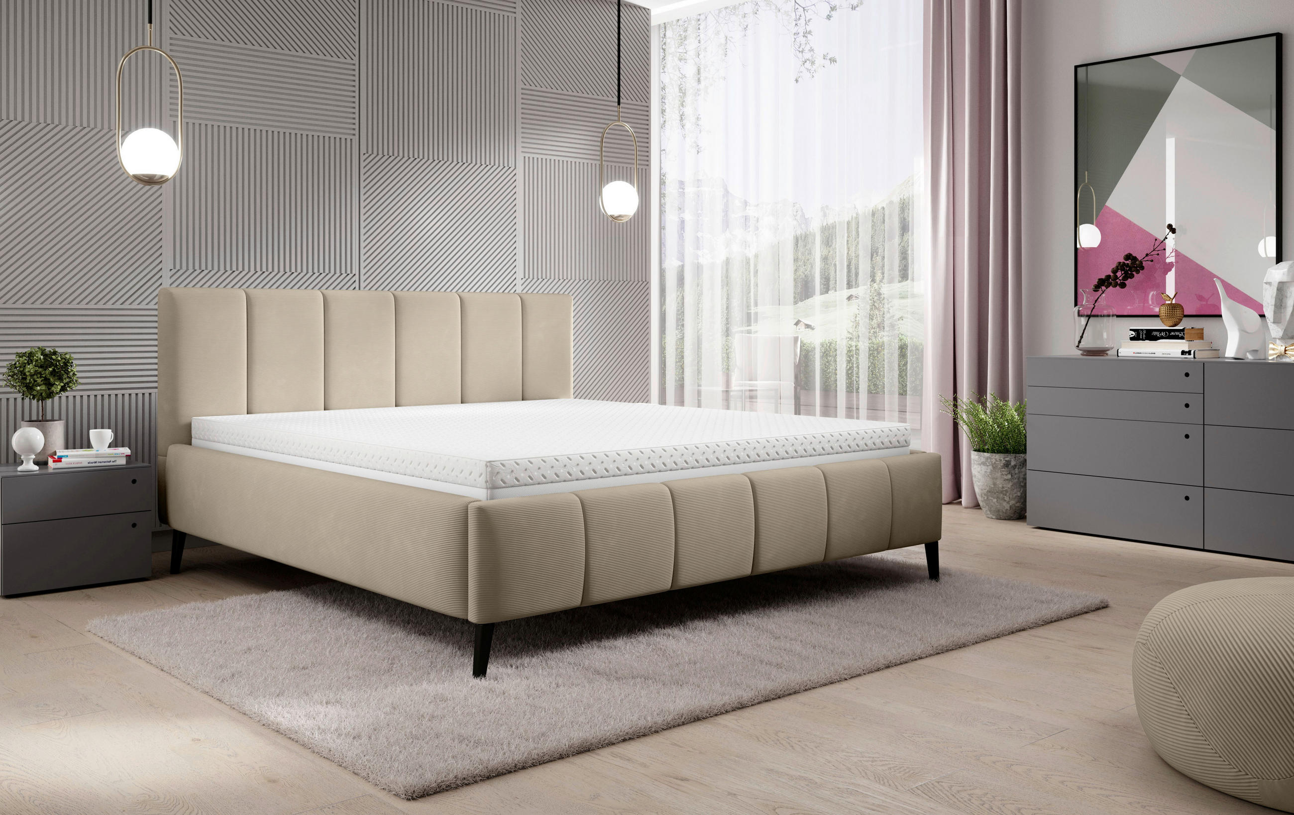 POLSTERBETT gepolstertes Kopfteil, Lattenrost 180/200 cm  in Beige  - Beige/Schwarz, Trend, Holz/Textil (180/200cm) - home24