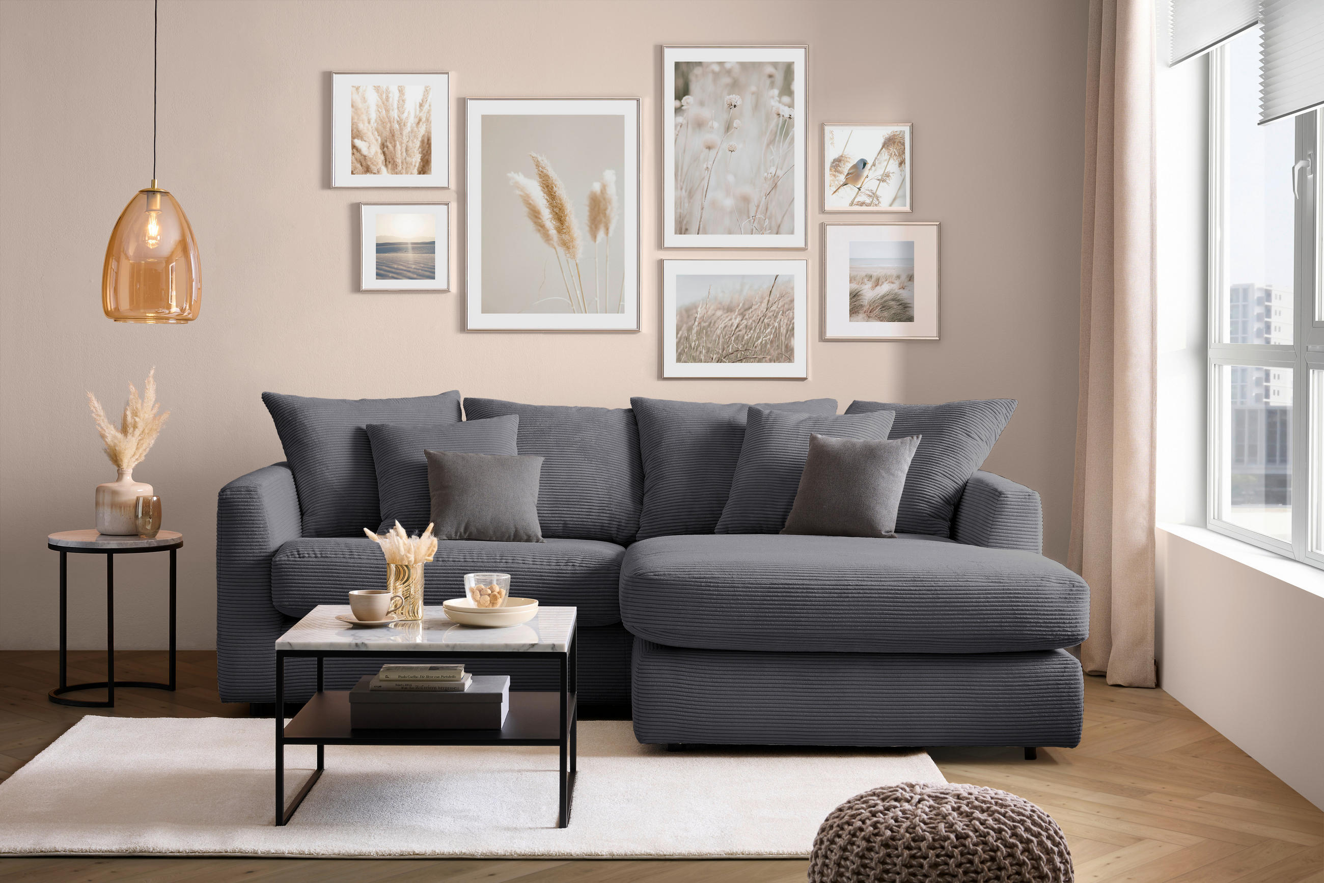 ECKSOFA Dunkelgrau Cord  - Dunkelgrau/Schwarz, Design, Kunststoff/Textil (235/175cm) - home24