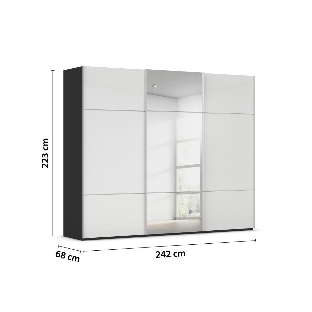 SCHWEBETÜRENSCHRANK 242/223/68 cm 3-türig Schwarz, Weiß  - Alufarben/Schwarz, KONVENTIONELL, Glas/Holzwerkstoff (242/223/68cm) - Novel