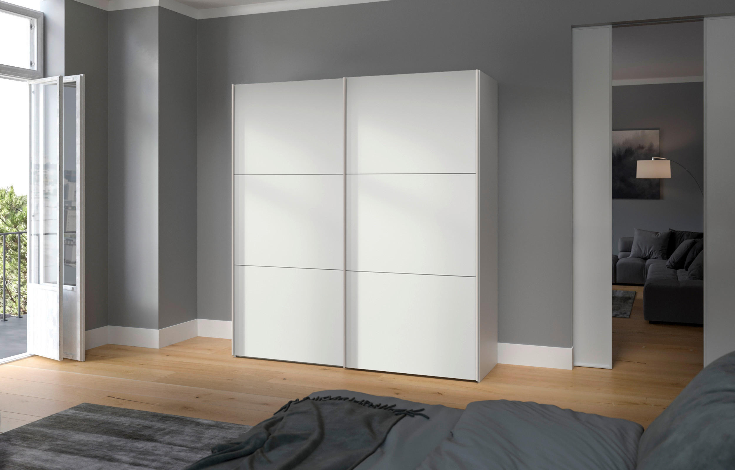 SCHWEBETÜRENSCHRANK 203/195/65 cm 2-türig Weiß  - Edelstahlfarben/Weiß, Design, Holzwerkstoff (203/195/65cm) - Boxxx