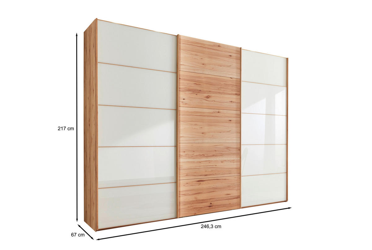 SCHWEBETÜRENSCHRANK 250/217/67 cm 3-türig Weiß, Buchefarben  - Buchefarben/Weiß, Natur, Glas/Holz (250/217/67cm) - Linea Natura