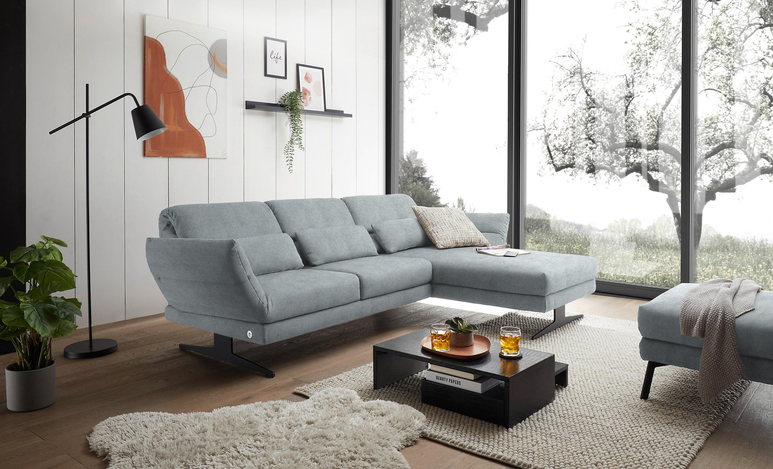 ECKSOFA in Flachgewebe Hellblau  - Schwarz/Hellblau, Design, Textil/Metall (279-327/176-217cm) - Dieter Knoll