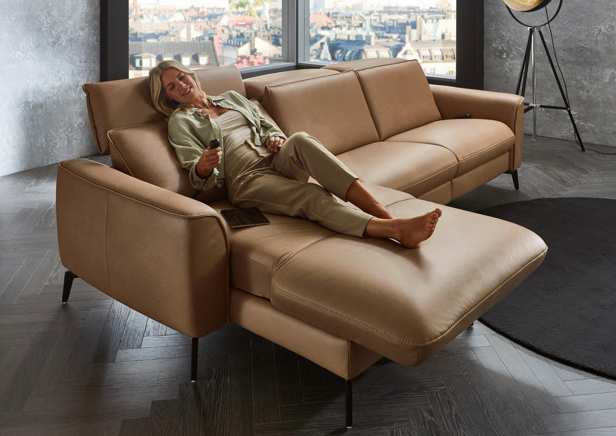 ECKSOFA in Echtleder Haselnussfarben  - Schwarz/Haselnussfarben, Natur, Leder/Metall (168/281cm) - Valdera
