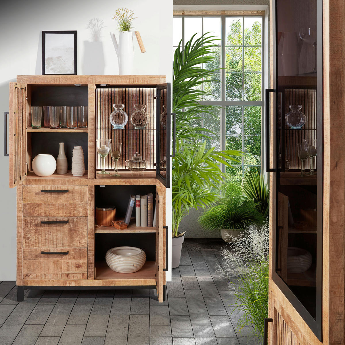 HIGHBOARD  in 95/145/43 cm  - Schwarz/Naturfarben, MODERN, Glas/Holz (95/145/43cm) - Livetastic
