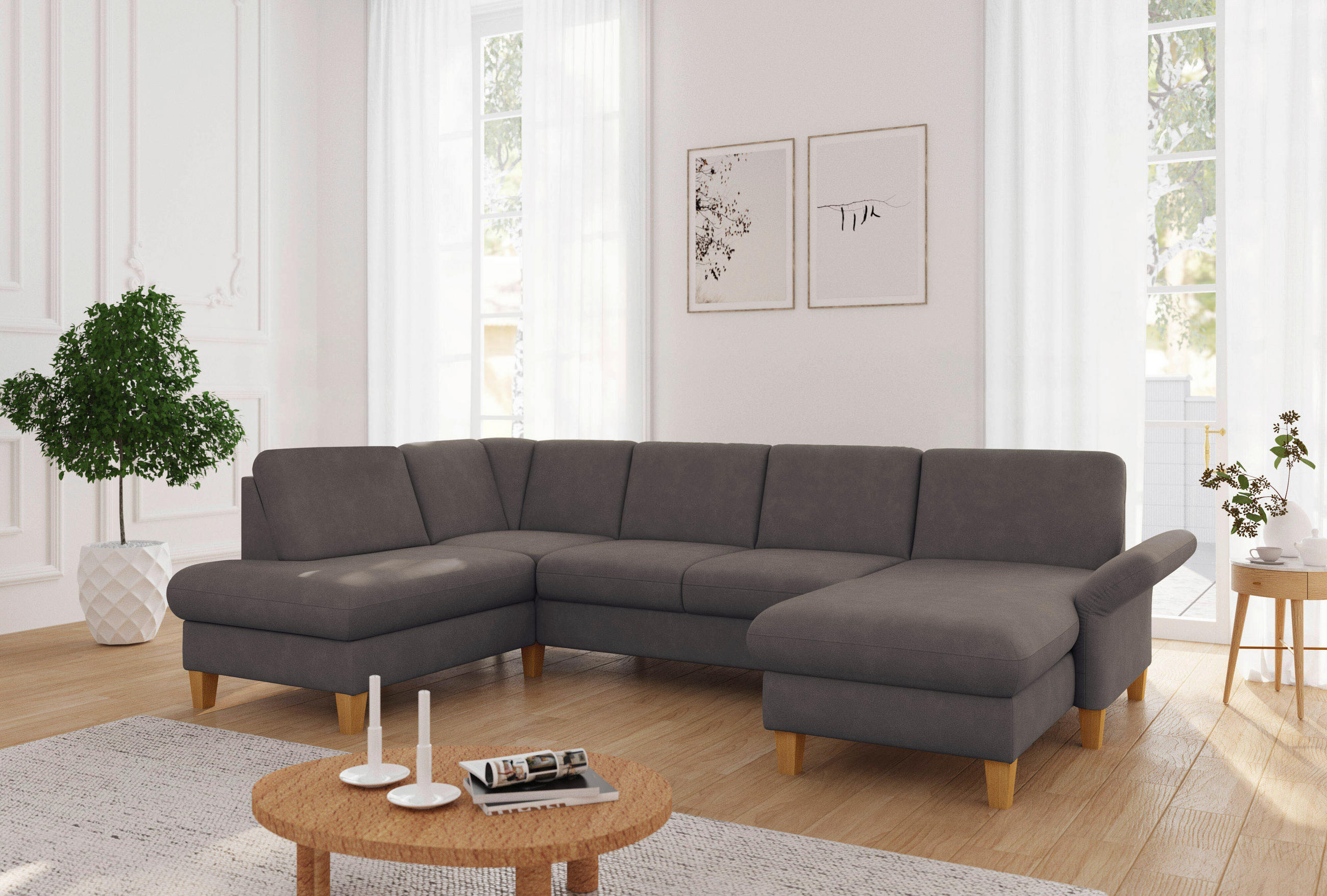 WOHNLANDSCHAFT Schlammfarben Flachgewebe  - Schlammfarben/Eichefarben, KONVENTIONELL, Holz/Textil (195/314/164cm) - Sit & More