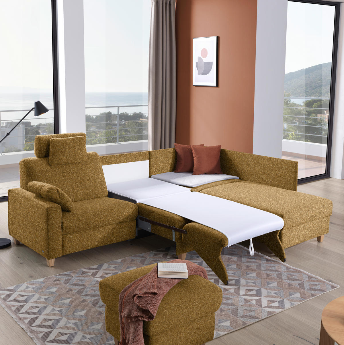 ECKSOFA  in Mikrovelours Senfgelb  261/203 cm  - Eichefarben/Senfgelb, KONVENTIONELL, Holz/Textil (261/203cm) - Sedda