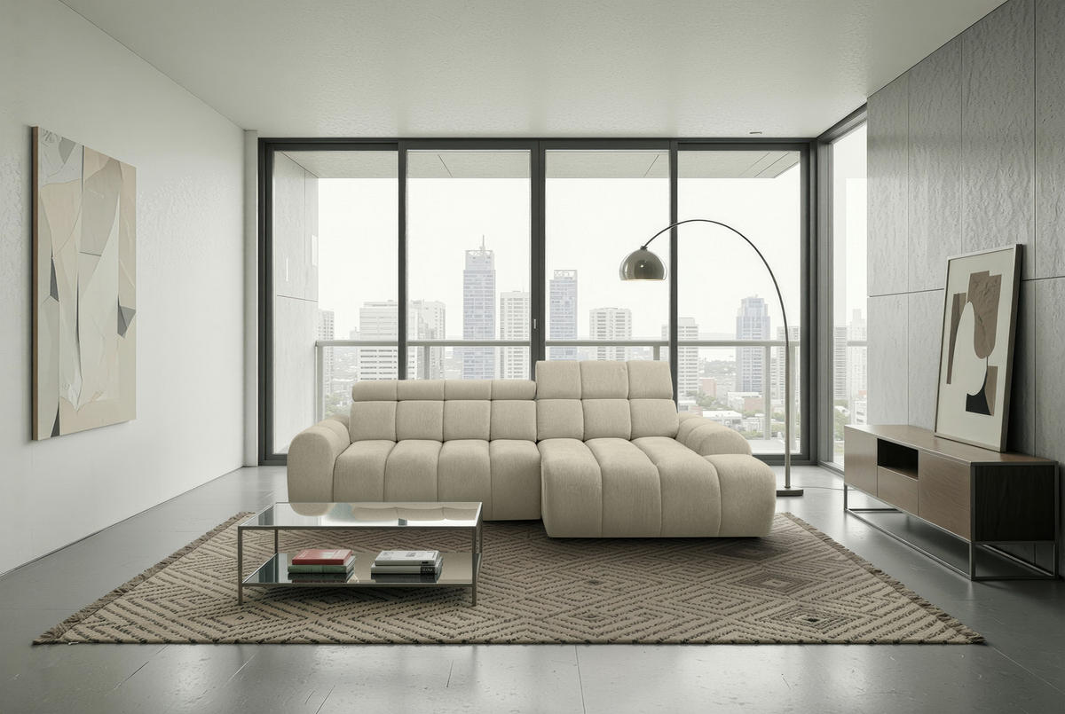 ECKSOFA Beige Chenille Bettkasten, Rücken echt, Kopfteilverstellung, Sitzvorzug  - Beige/Schwarz, Design, Kunststoff/Textil (290/152cm) - Stylife