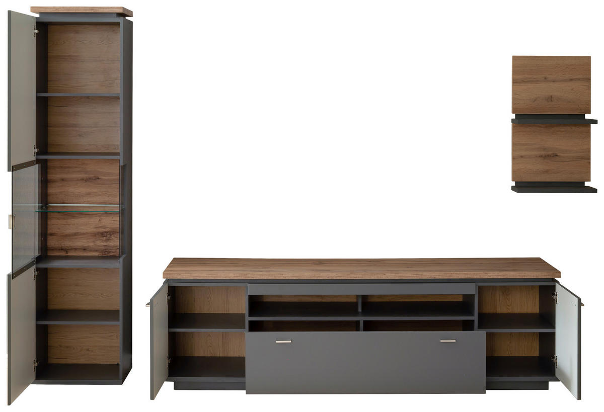WOHNWAND  in Grau, Eiche Wotan 270/208/50 cm  - Eiche Wotan/Grau, Design, Glas/Holzwerkstoff (270/208/50cm) - Stylife