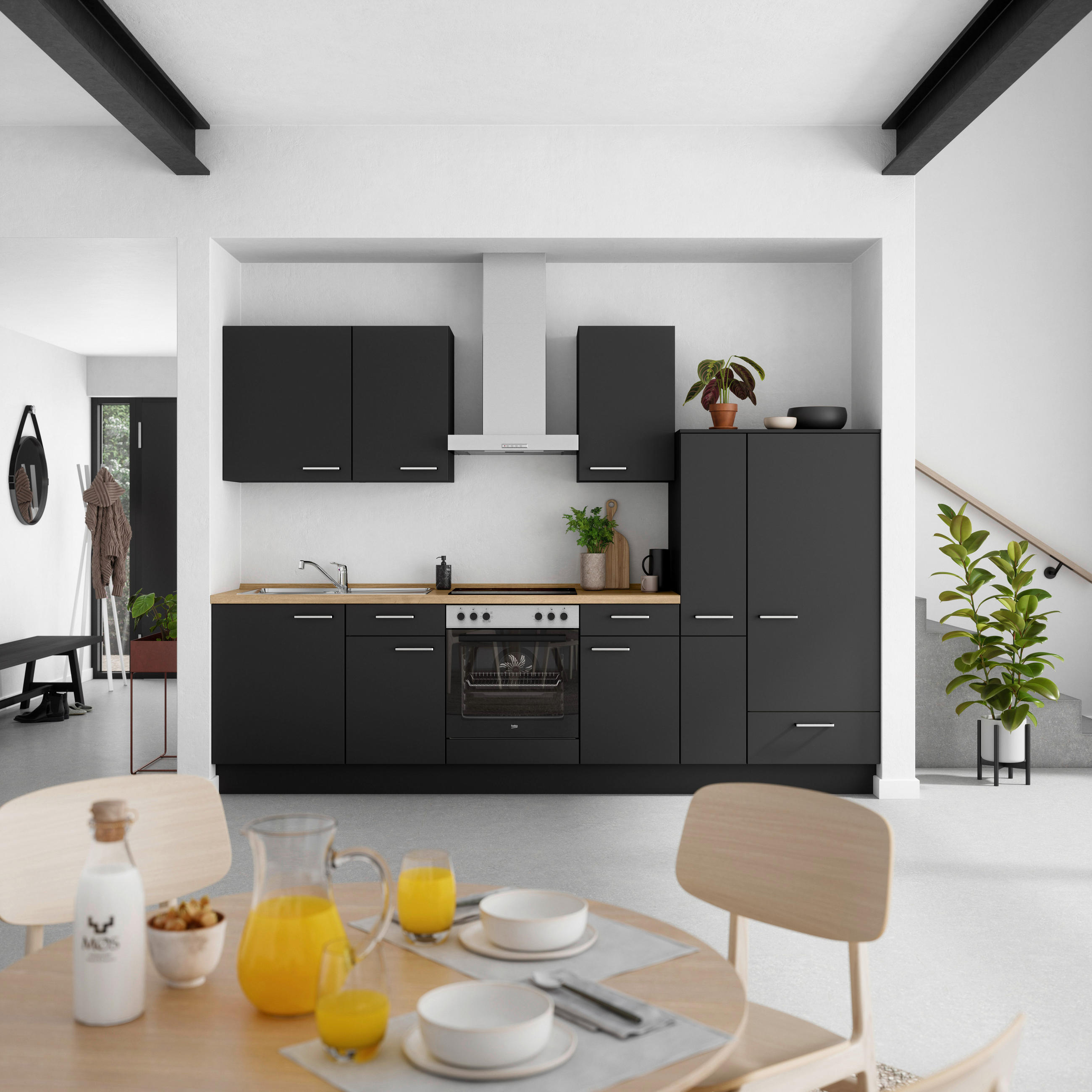 KÜCHENLEERBLOCK 300 cm   in Schwarz, Eichefarben  - Edelstahlfarben/Eichefarben, MODERN, Holzwerkstoff/Metall (300cm) - Nobilia