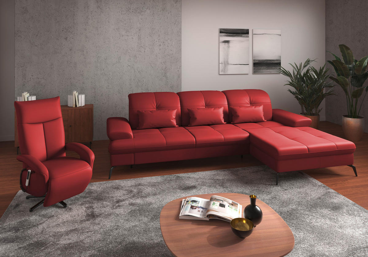 ECKSOFA in Echtleder Rot  - Rot/Schwarz, Konventionell, Leder/Metall (279/185cm) - Sit & More