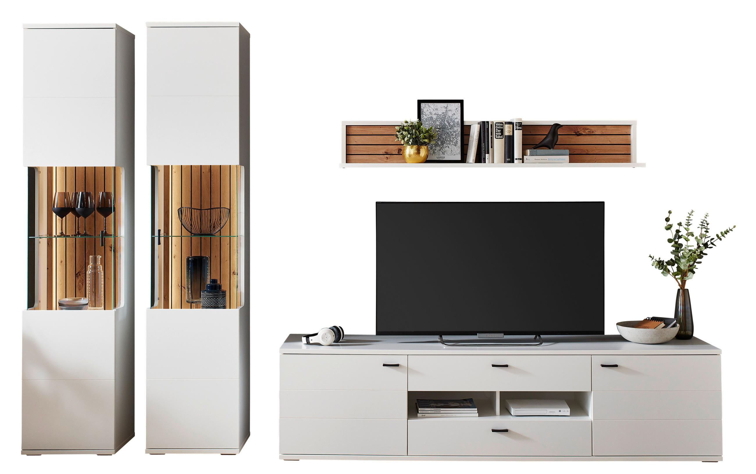 WOHNWAND  in Weiß, Eiche Artisan  315/208/50,2 cm  - Anthrazit/Weiß, Design, Glas/Holzwerkstoff (315/208/50,2cm) - Stylife