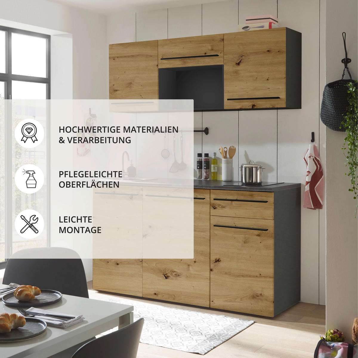 KÜCHENBLOCK   in Anthrazit, Braun, Eiche Artisan  - Anthrazit/Schwarz, Trend, Holzwerkstoff/Kunststoff (160/212/60cm) - MID.YOU
