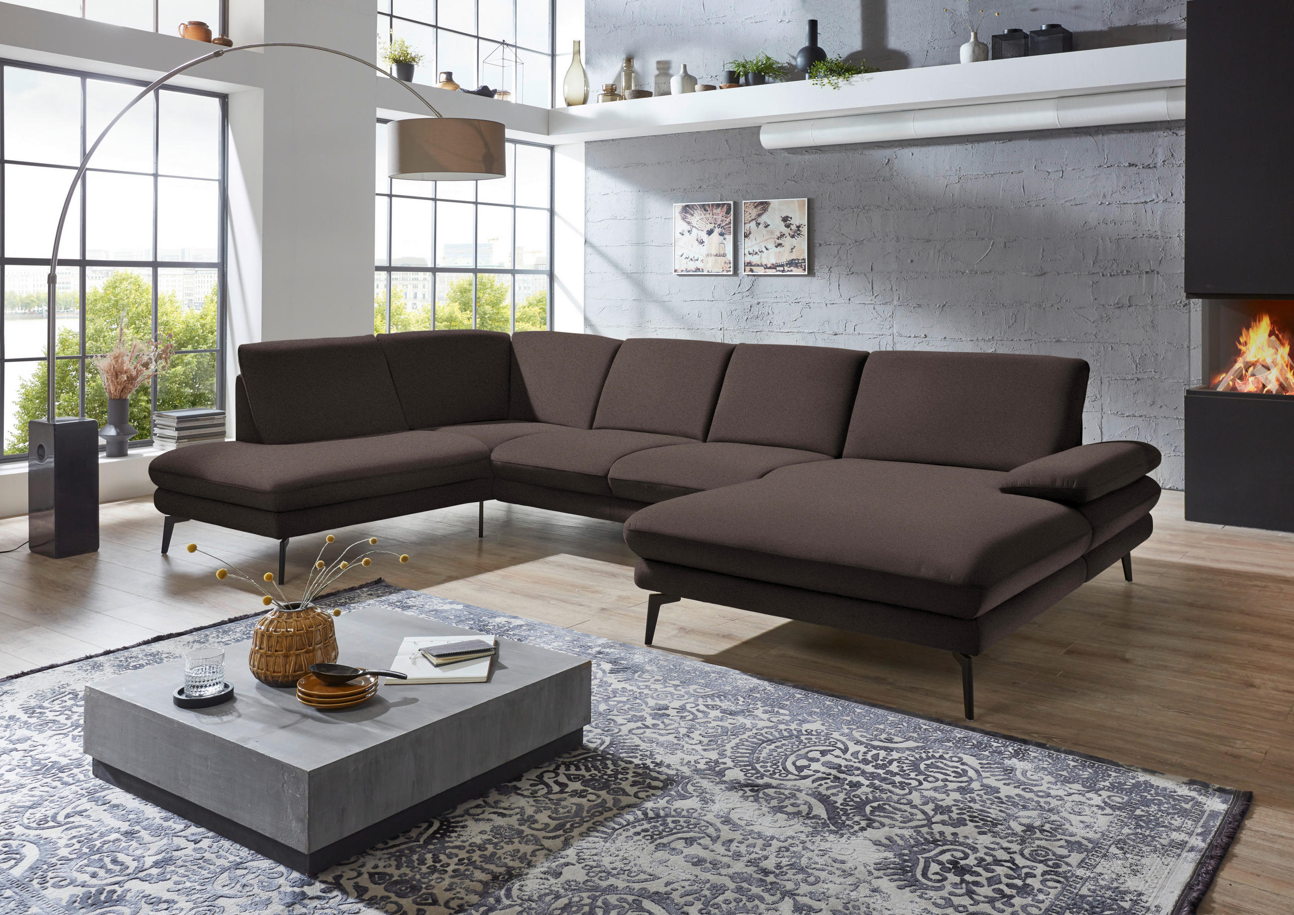 WOHNLANDSCHAFT Dunkelbraun Webstoff  - Dunkelbraun/Schwarz, Design, Textil/Metall (208/344/180cm) - Dieter Knoll