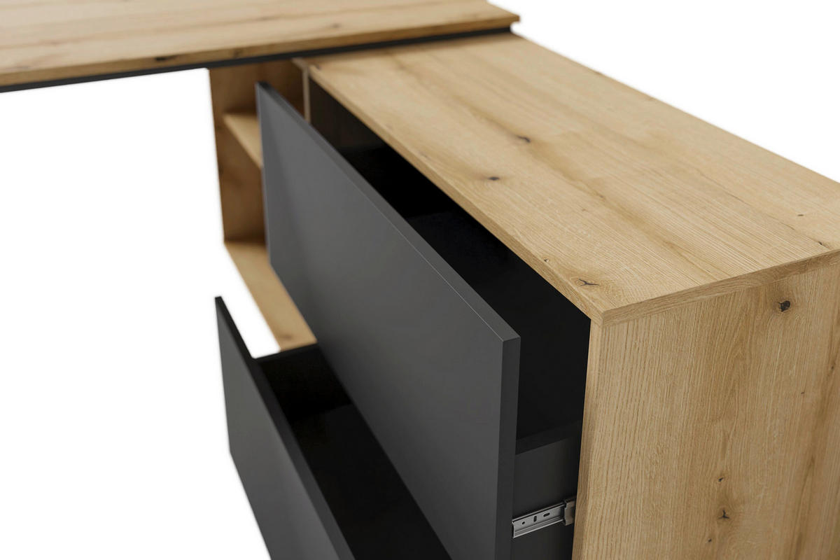 SCHREIBTISCH 138/150/75,4 cm Eichefarben   - Eichefarben/Schwarz, Modern, Holzwerkstoff (138/150/75,4cm) - MID.YOU