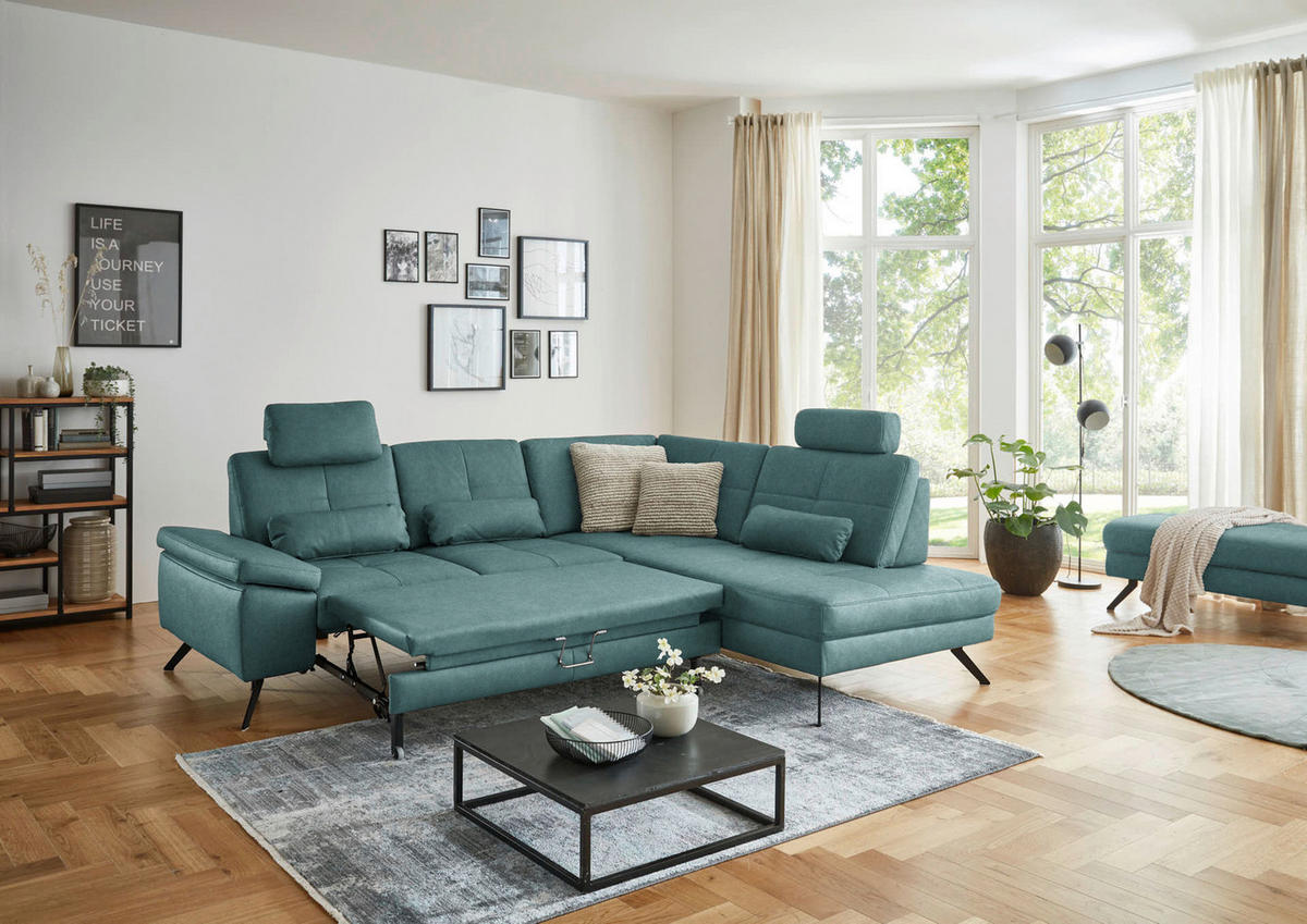 ECKSOFA in Lederlook, Mikrofaser Türkis  - Türkis/Schwarz, Design, Textil/Metall (261/220cm) - Beldomo System