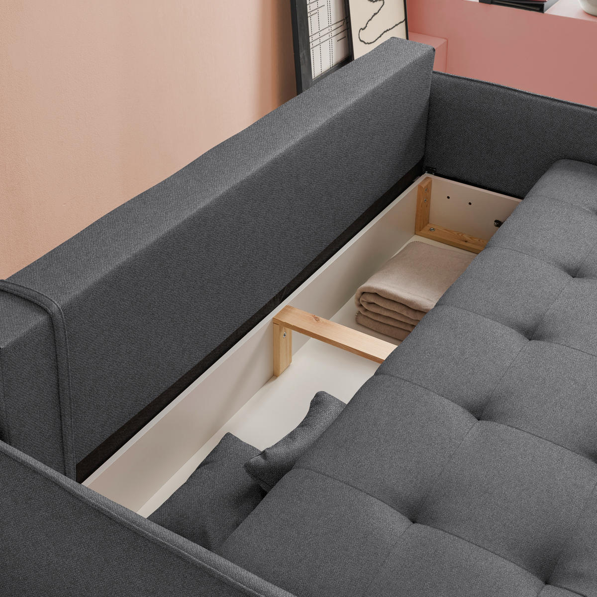 SCHLAFSOFA  in Struktur Grau  - Buchefarben/Grau, Design, Holz/Textil (217/97/101cm) - Carryhome