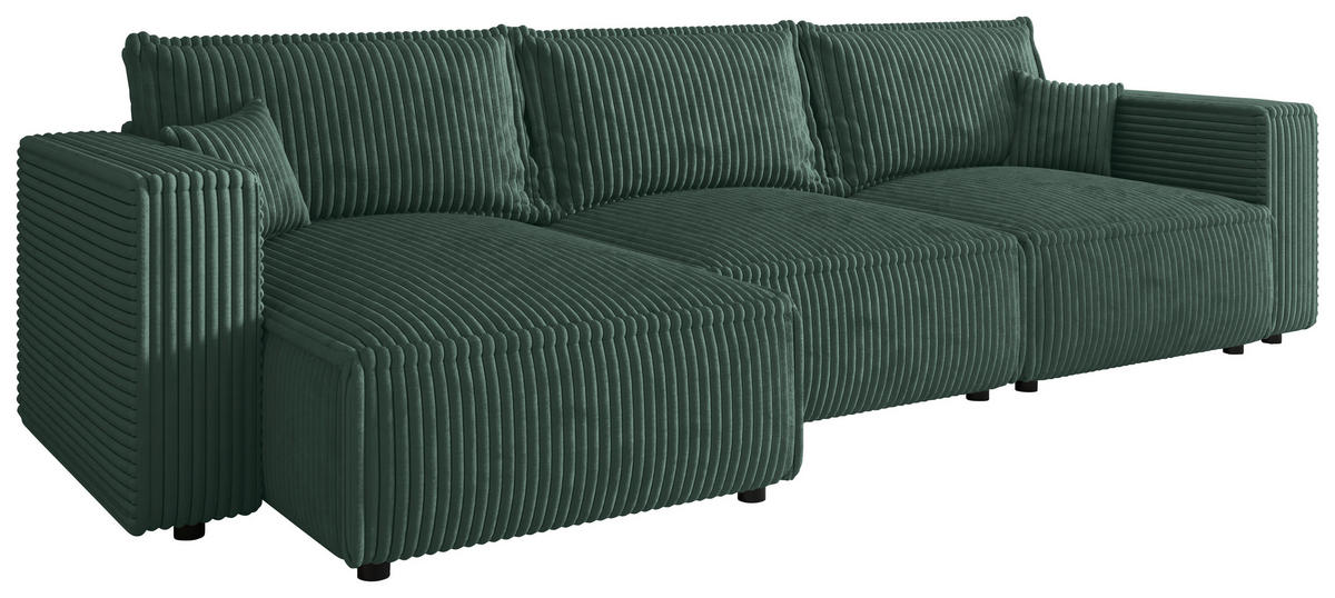 ECKSOFA Dunkelgrün Cord Zierkissen, Rückenkissen, Schlaffunktion, Rücken echt  - Dunkelgrün/Schwarz, MODERN, Kunststoff/Textil (350/168cm) - Xora