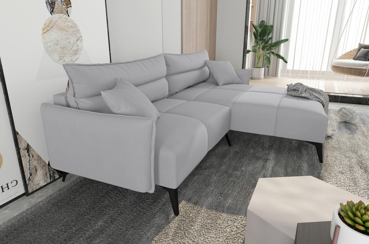 ECKSOFA in Cord Hellgrau  253/180 cm  - Hellgrau/Schwarz, KONVENTIONELL, Textil/Metall (253/180cm) - Carryhome