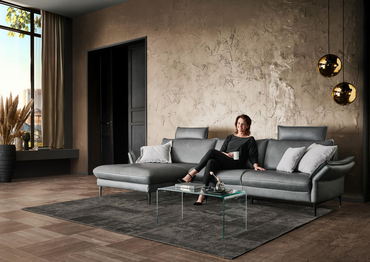 ECKSOFA in Echtleder Anthrazit  172/334 cm  - Anthrazit/Schwarz, Design, Leder/Metall (172/334cm) - Hukla