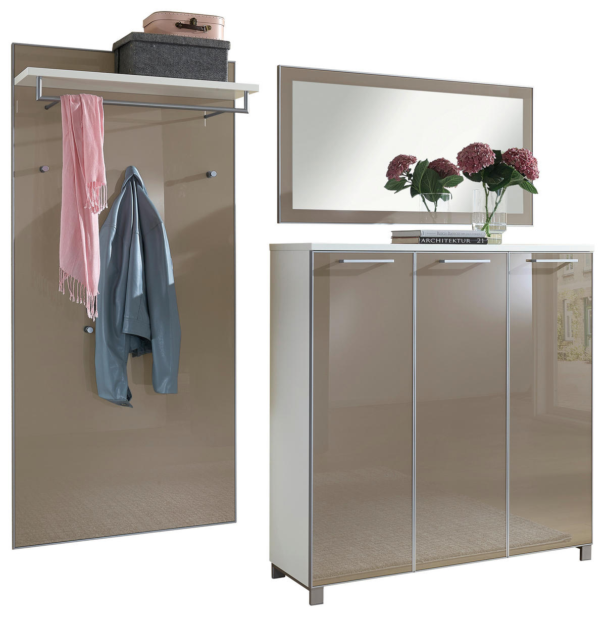 GARDEROBE 3-teilig  in 215/195/37 cm  - Taupe/Weiß, Design, Glas/Holzwerkstoff (215/195/37cm)