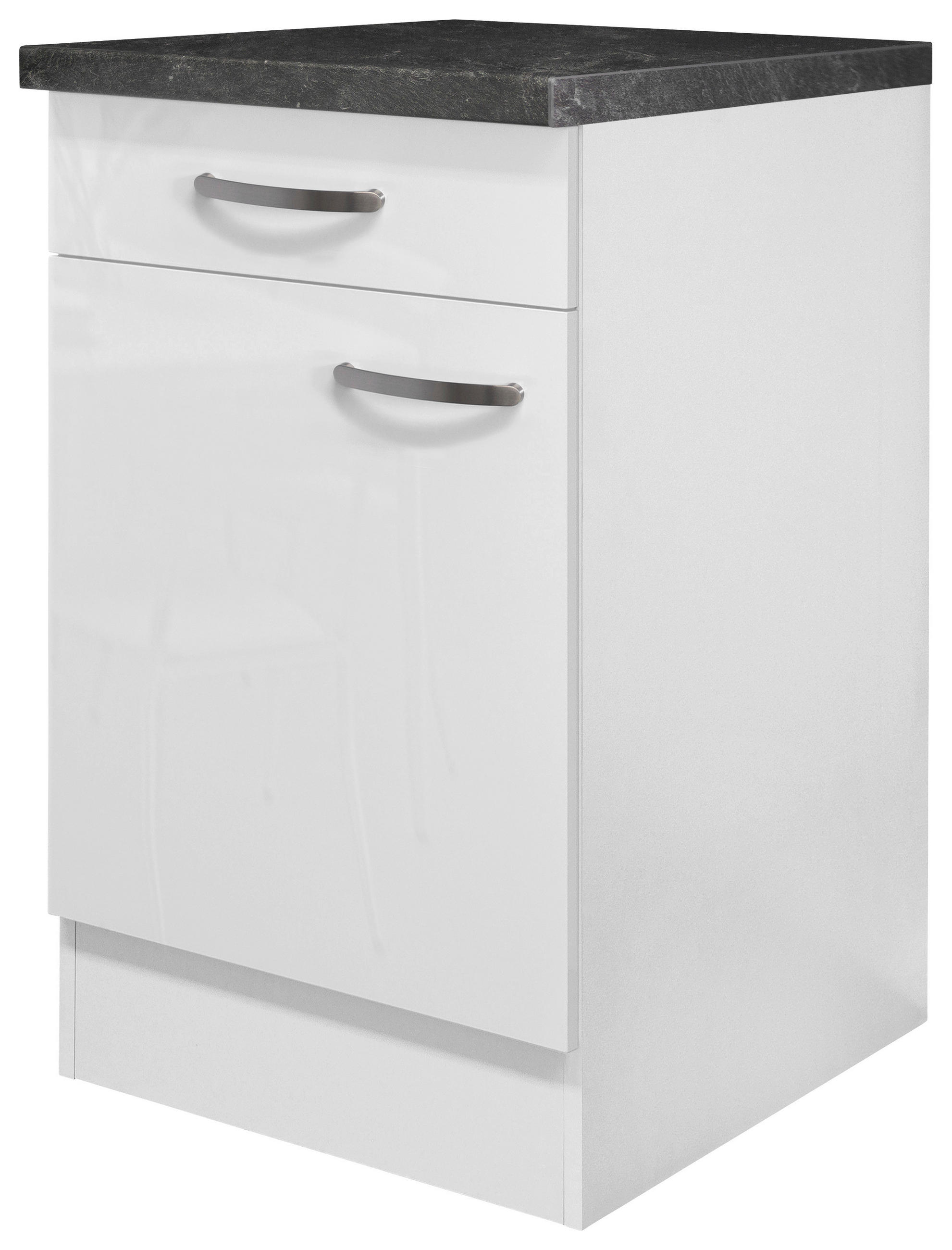 KÜCHENUNTERSCHRANK 50/86/60 cm  in Weiß, Weiß Hochglanz  - Schieferfarben/Edelstahlfarben, MODERN, Holzwerkstoff/Metall (50/86/60cm) - FlexWell