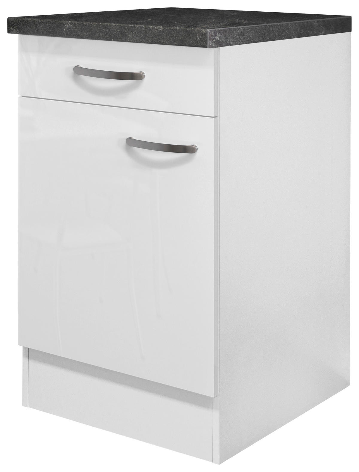 KÜCHENUNTERSCHRANK 50/86/60 cm  in Weiß, Weiß Hochglanz  - Schieferfarben/Edelstahlfarben, MODERN, Holzwerkstoff/Metall (50/86/60cm) - FlexWell