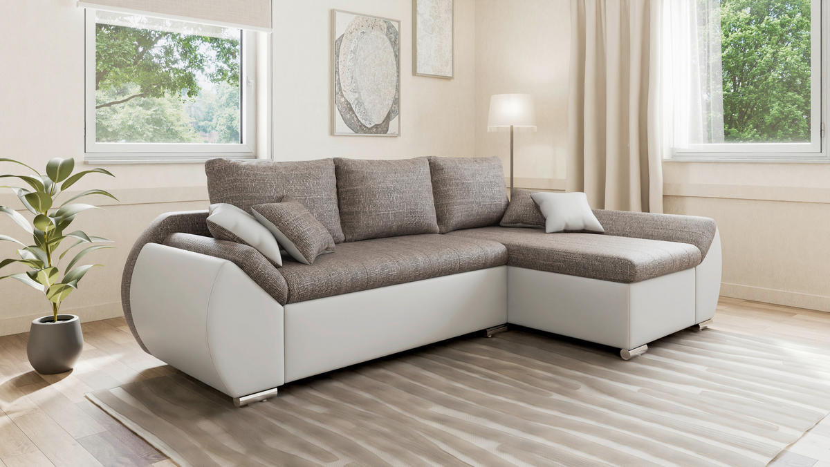 ECKSOFA  AURO Braun, Weiß  - Silberfarben/Braun, Design, Kunststoff/Textil (275/155cm) - MID.YOU