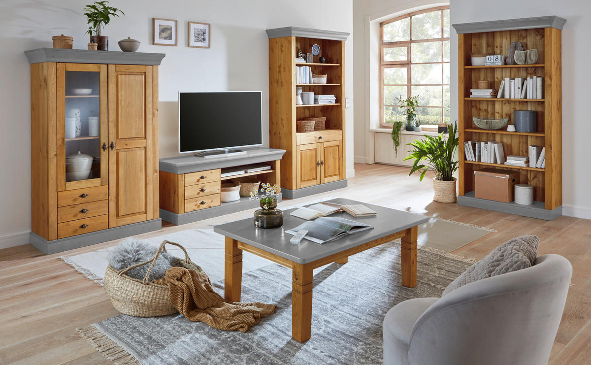 VITRINE  in massiv Kiefer Grau, Laugenfarbig  - Laugenfarbig/Grau, ROMANTIK / LANDHAUS, Glas/Holz (108/163/45cm) - Boxxx