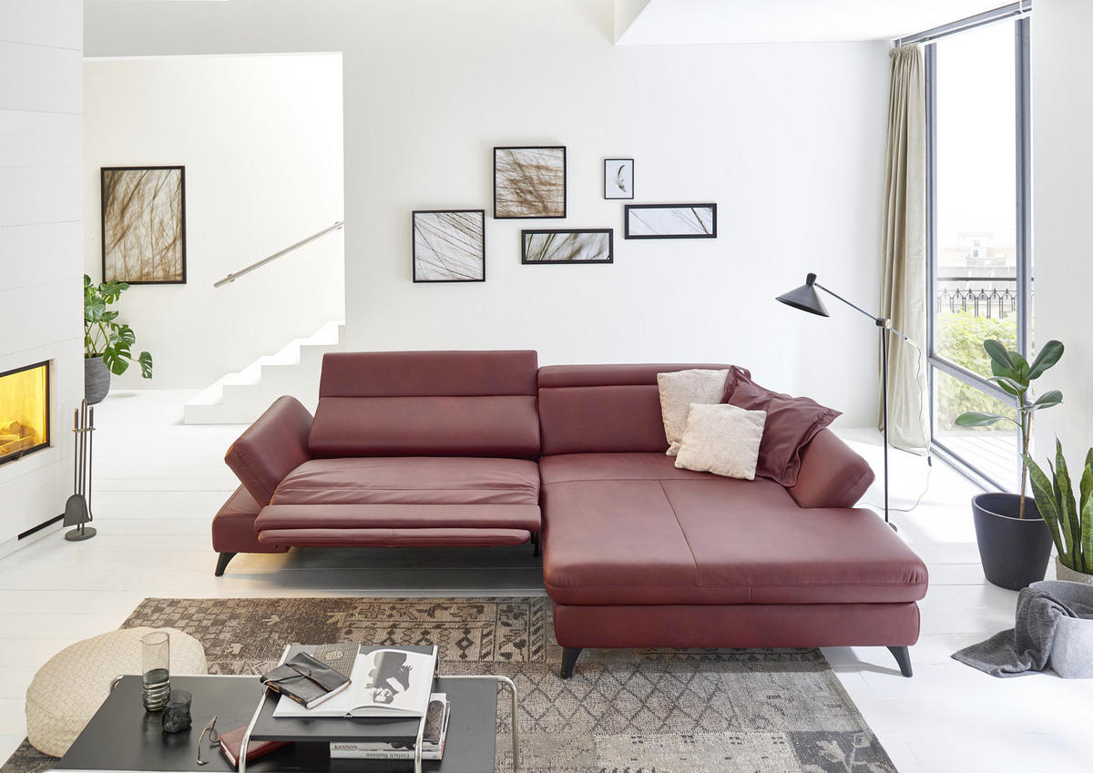 ECKSOFA Bordeaux Echtleder  - Bordeaux/Schwarz, Design, Leder/Metall (316/184cm) - Cantus