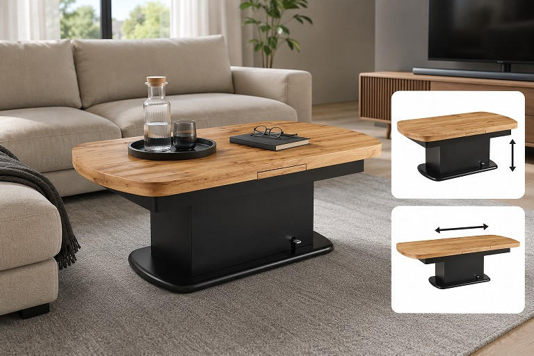 COUCHTISCH Eiche 135-160/75/51-79,9 cm oval Schwarz, Eichefarben  - Eichefarben/Schwarz, Design, Holz (135-160/75/51-79,9cm) - Livetastic