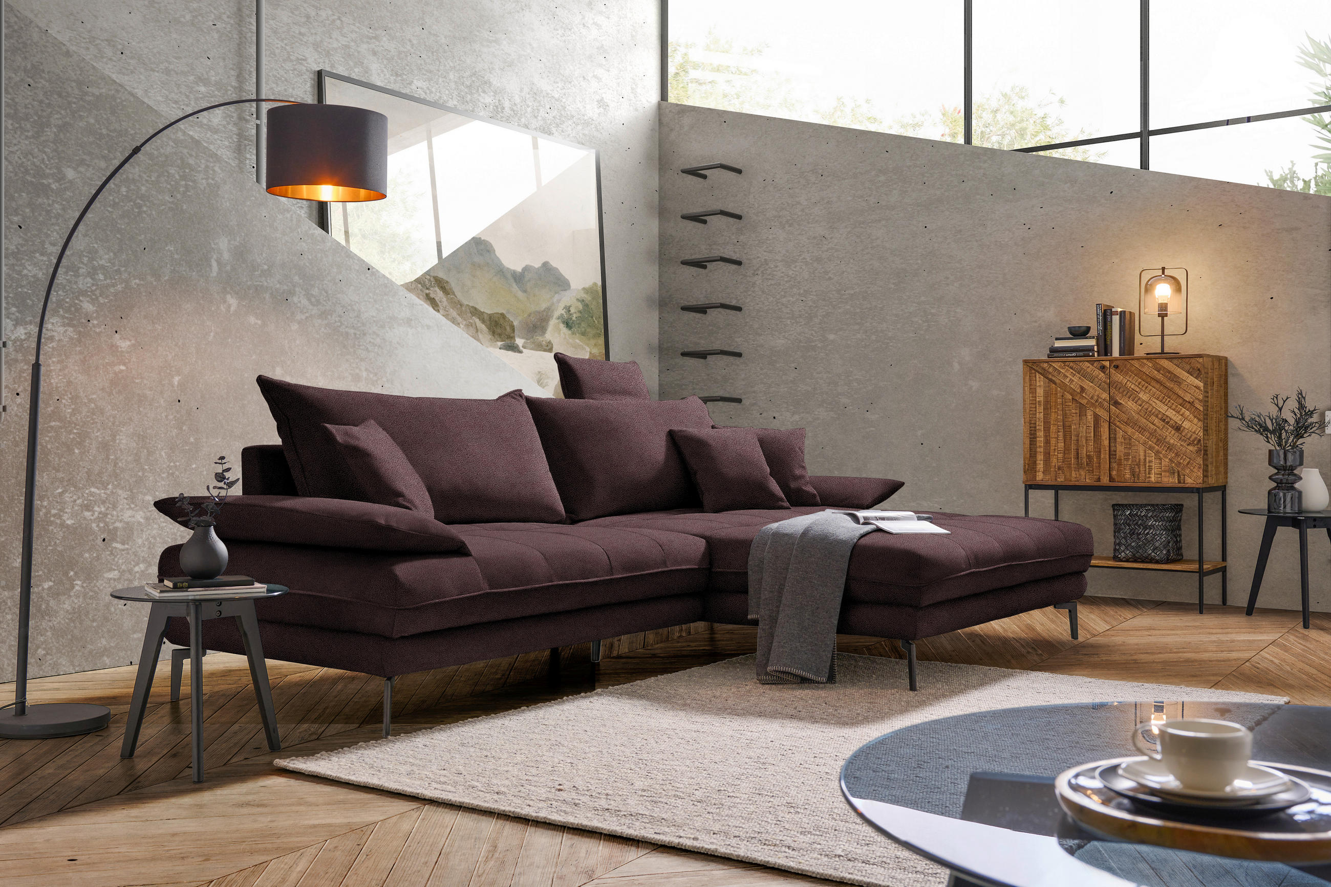 ECKSOFA in Flachgewebe Dunkelbraun  292/176 cm  - Dunkelbraun/Schwarz, MODERN, Textil/Metall (292/176cm) - Carryhome