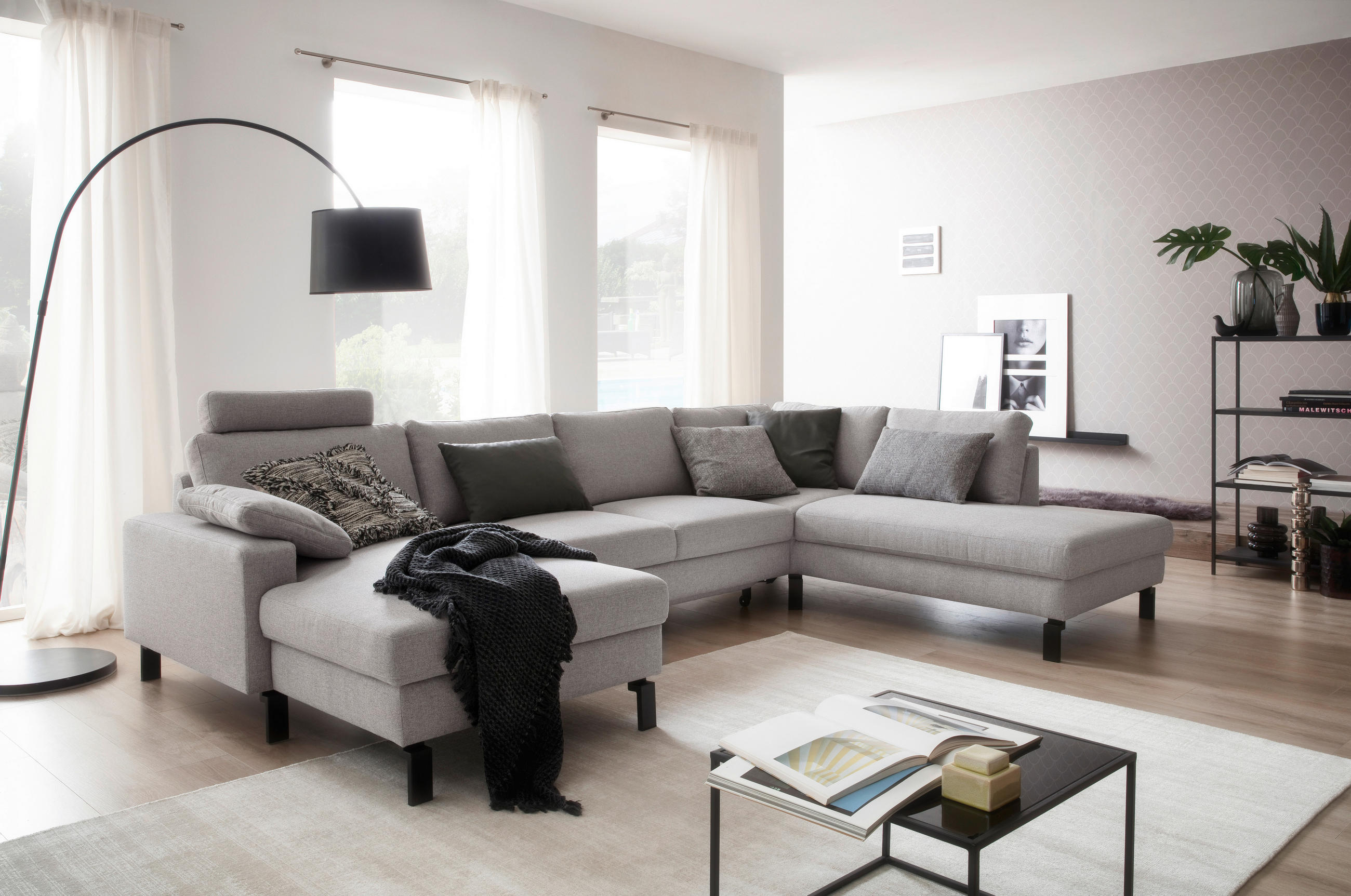 WOHNLANDSCHAFT in Flachgewebe Hellgrau  - Hellgrau/Schwarz, Design, Textil/Metall (162/336/220cm) - Hom`in