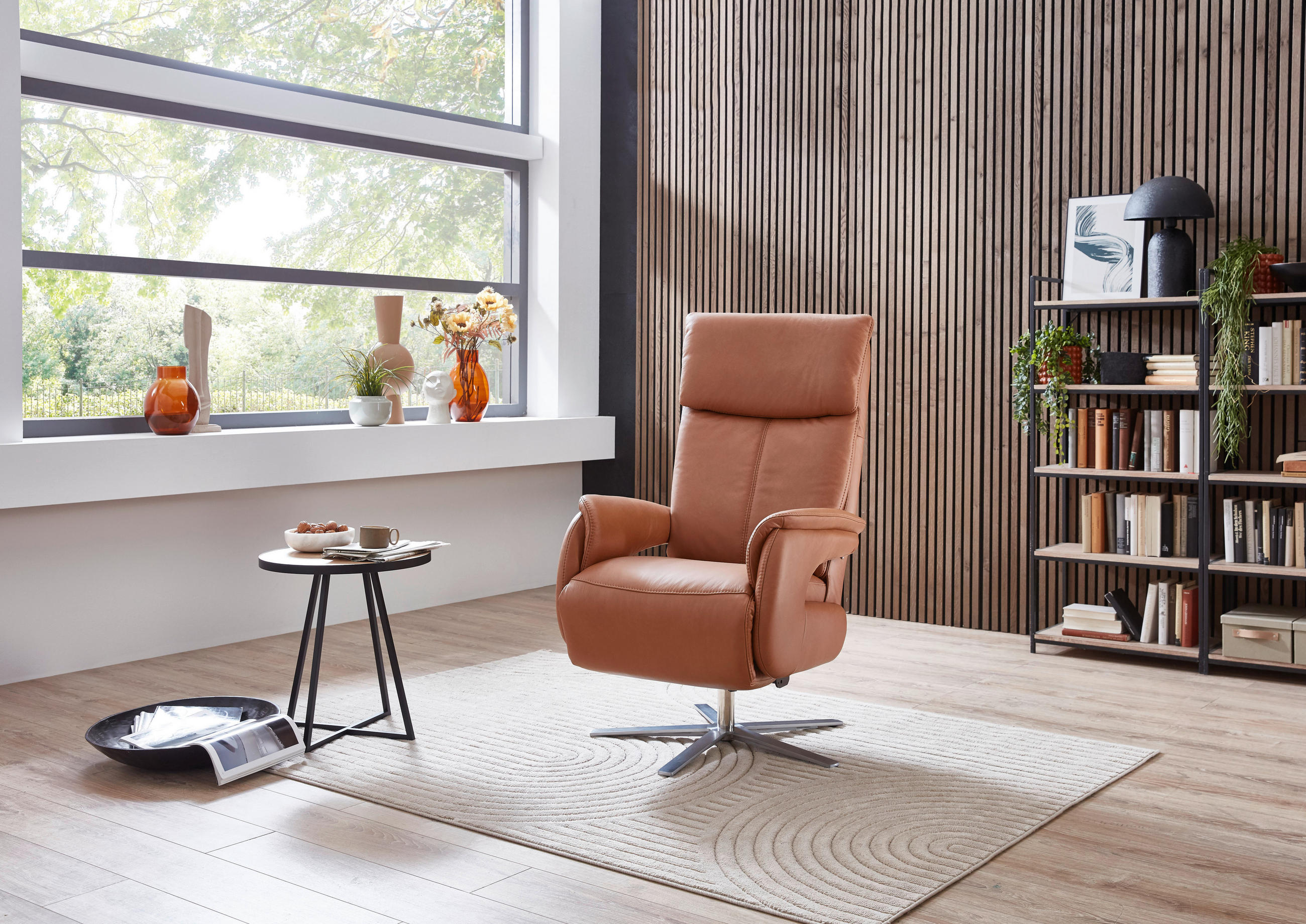 RELAXSESSEL Echtleder Relaxfunktion, Rücken echt    - Edelstahlfarben/Braun, Design, Leder/Metall (70/124/85cm) - Cantus