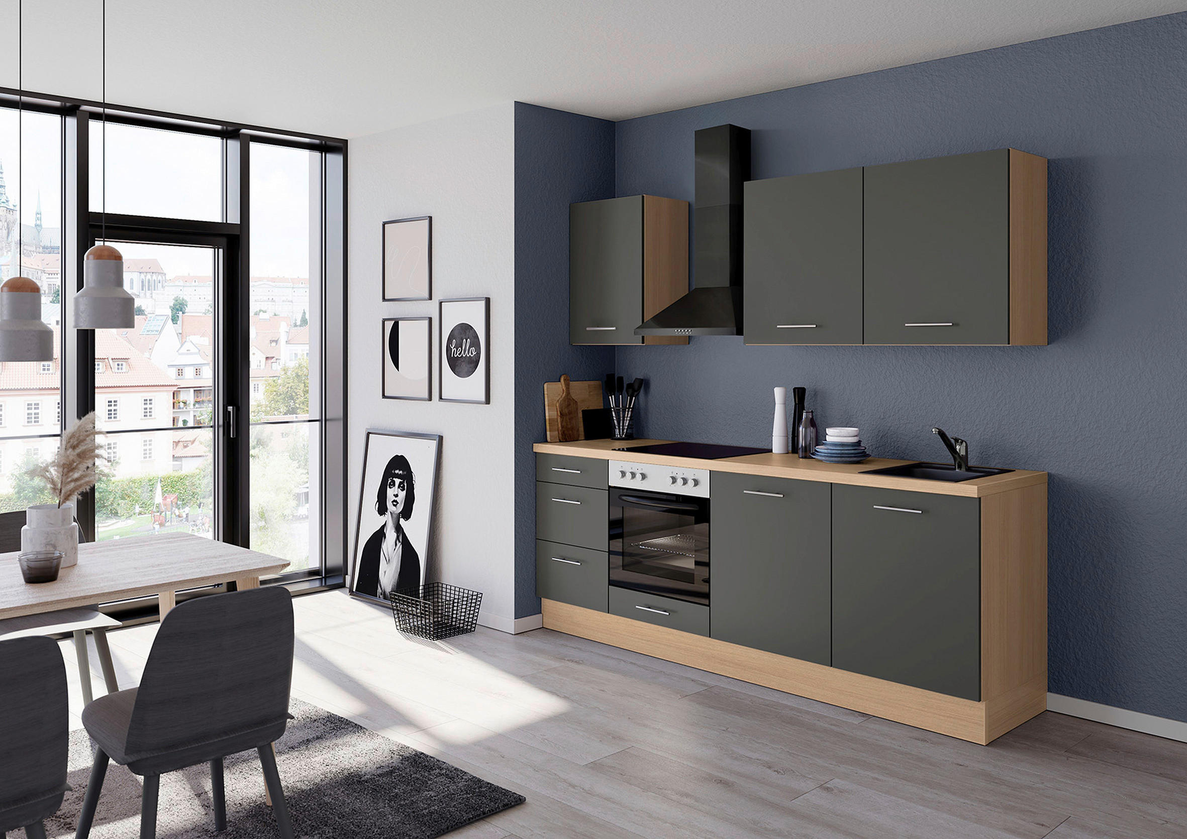 KÜCHENBLOCK 230 cm   in Dunkelgrau  - Edelstahlfarben/Eichefarben, Design, Holzwerkstoff/Metall (230cm) - Impuls