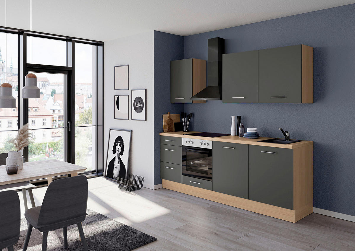 KÜCHENBLOCK 230 cm   in Dunkelgrau  - Edelstahlfarben/Eichefarben, Design, Holzwerkstoff/Metall (230cm) - Impuls