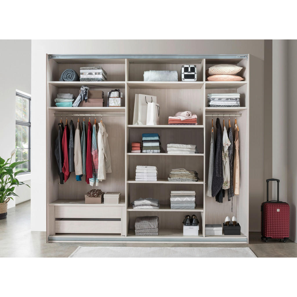 Thumbnail - Voleo Schwebetürenschrank, Weiß, Eiche Bianco, Holzwerkstoff, 9 Fächer, 2 Schubladen, 250x236x67 cm, ISO 9001, Goldenes ...