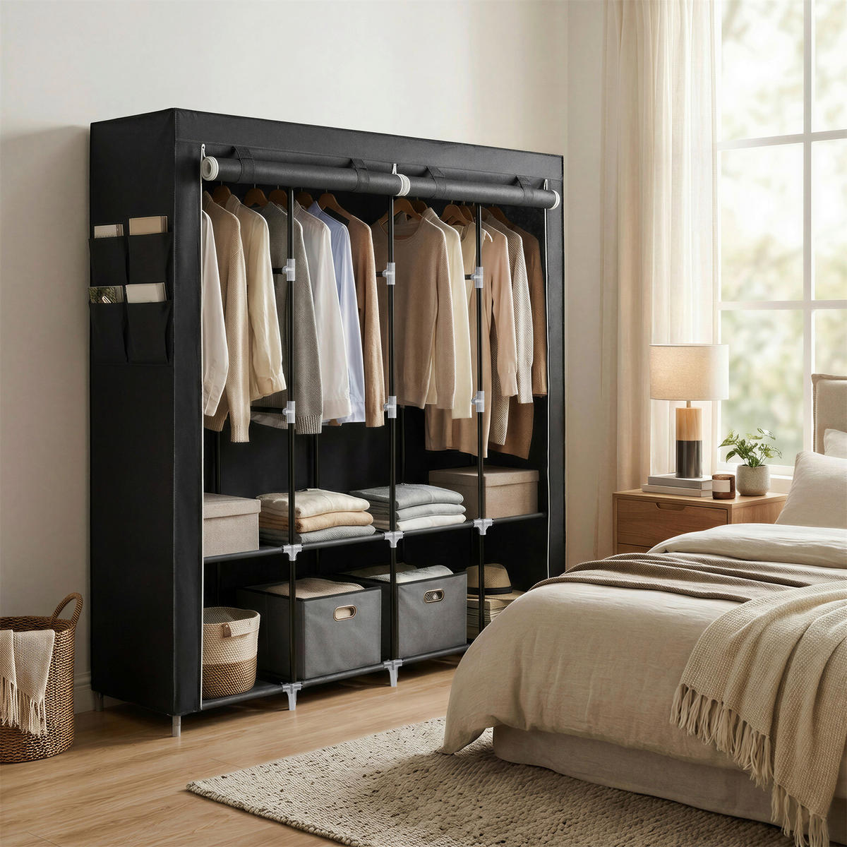 STOFFSCHRANK Schwarz  - Schwarz, Basics, Textil/Metall (170/167/45cm) - Boxxx