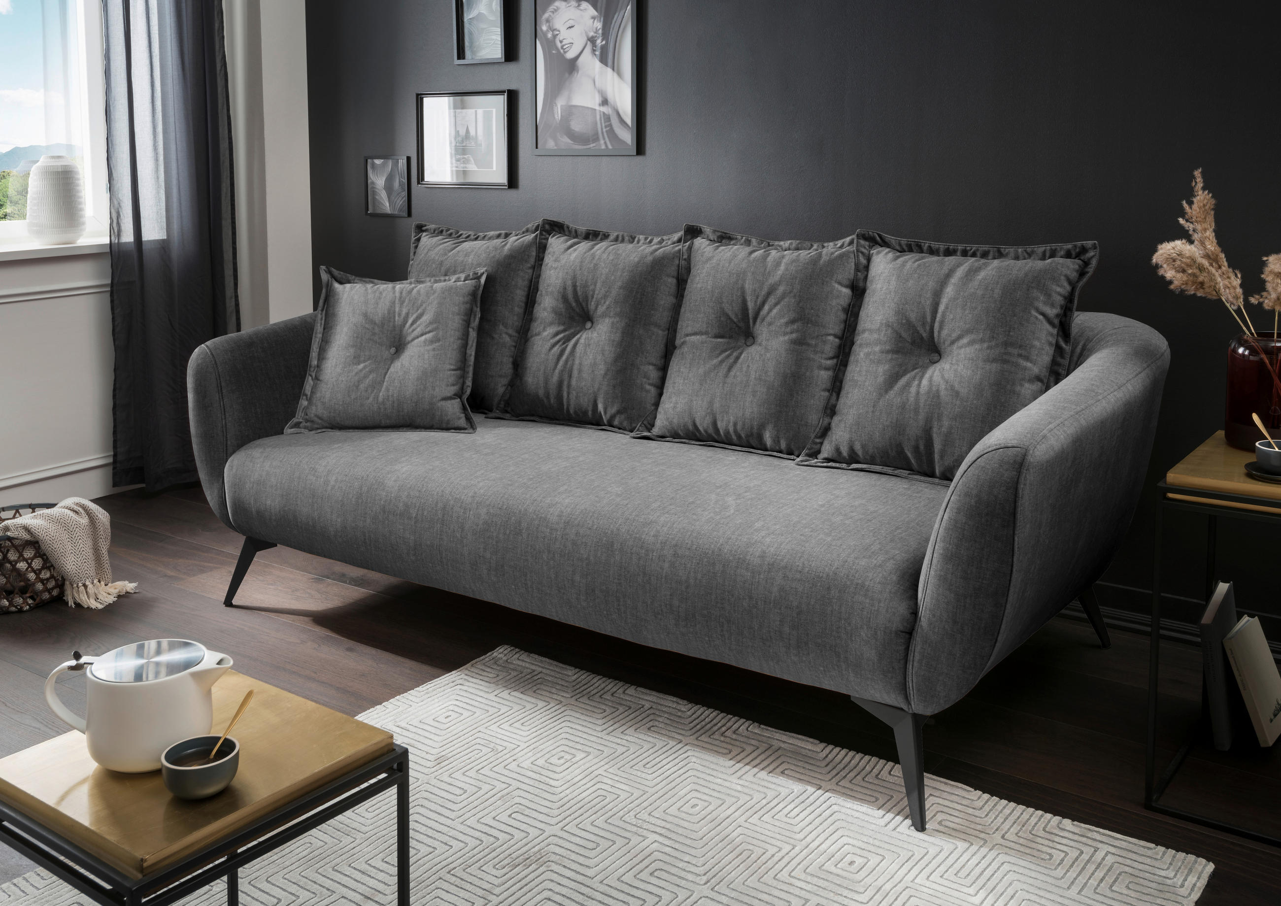 3-SITZER-SOFA Velours Grau  - Schwarz/Grau, MODERN, Holz/Textil (236/94/103cm) - Livetastic