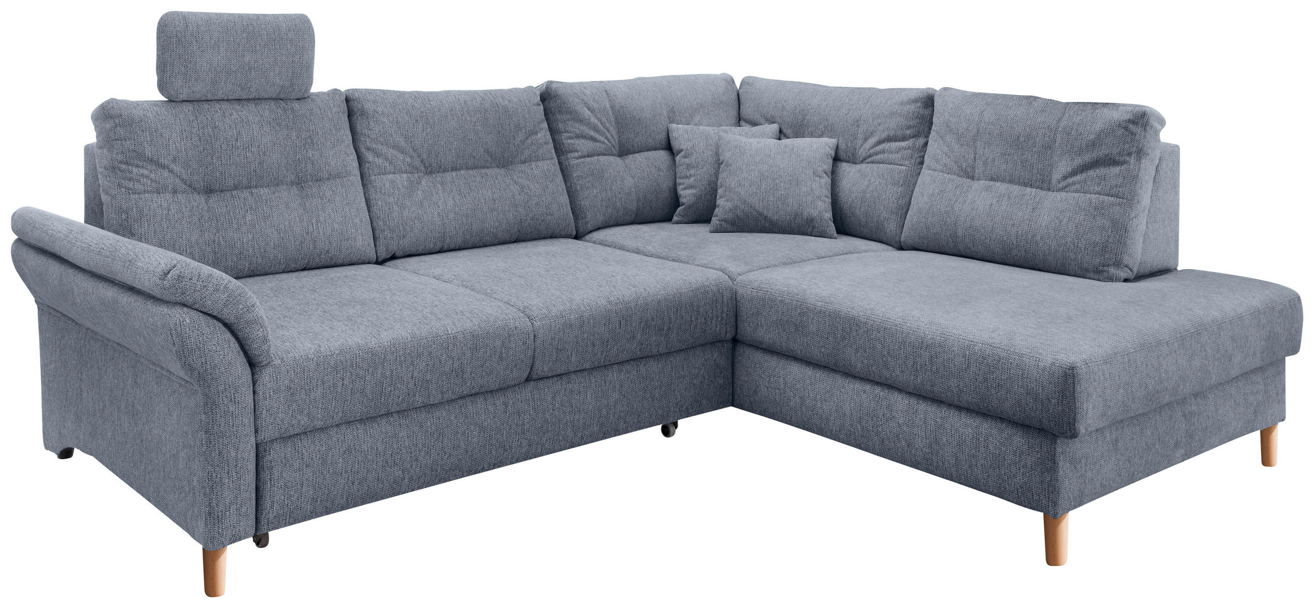 ECKSOFA Hellblau Chenille Bettkasten, Schlaffunktion, Sitztiefenverstellung, Kopfstütze, Liegefläche im Originalstoff  - Naturfarben/Hellblau, MODERN, Holz/Textil (264/206cm) - Livetastic